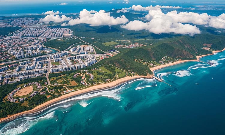 Aerial view of Costa Rica's diverse landscape showing urban development alongside protected natural areas