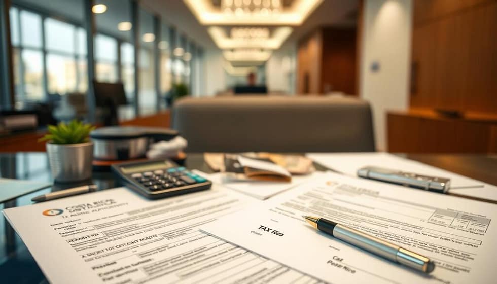 Tax documents and calculator with Costa Rican tax forms and colones currency Tax documents and calculator with Costa Rican tax forms and colones currency